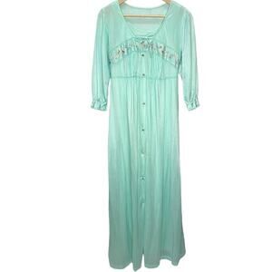 Vintage Texsheen Peignoir Nightgown Set Teal Blue Size M Shiny Long Floral 60/70